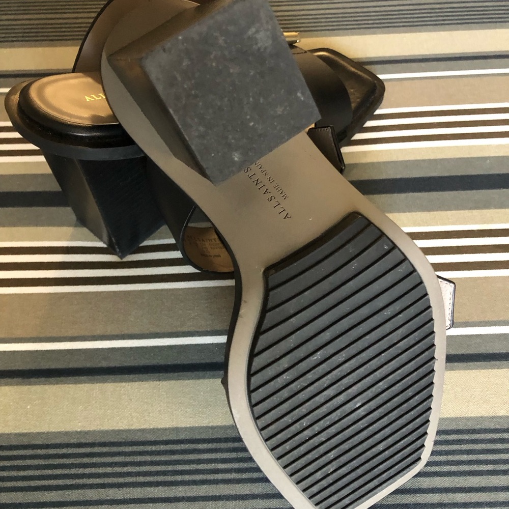 All Saints Black Leather Sandals with Gold Buckles - Picture 3 of 3